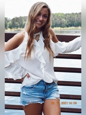 Love Letter Collection Ruffled white open shoulder sleeves Blouse - Size Medium